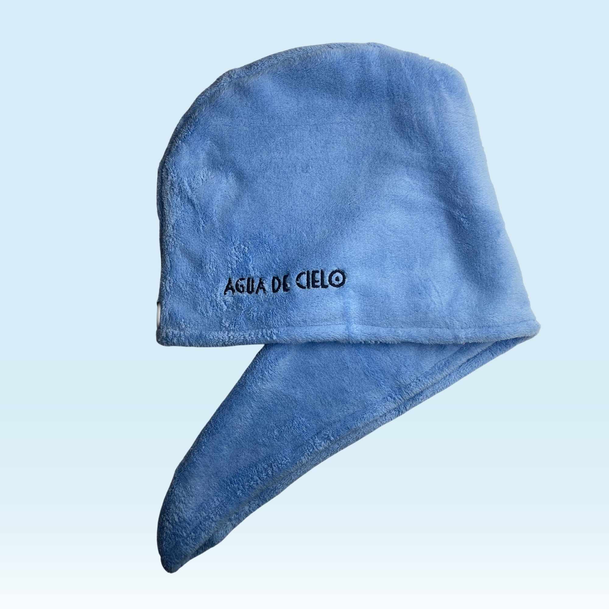 blue microfiber hair towel by agua de cielo 